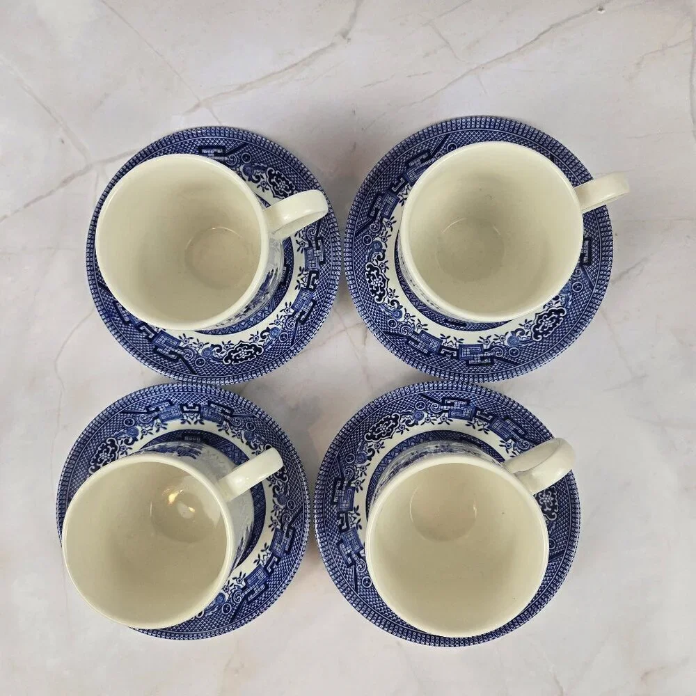 Vintage Set of 4 Churchill Blue Willow Coffee Cups and Saucers Made in England